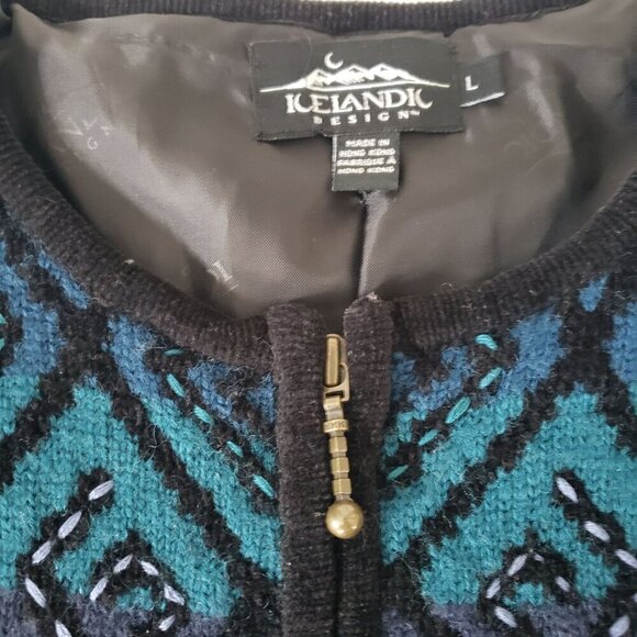 Vtg Y2K Icelandic Design Women's Wool Diamond Pattern Zip-Up Cardigan Jacket LG - Picture 5 of 16